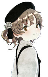 Rule 34 | 1girl, artist name, bad id, bad pixiv id, beret, black hat, brown eyes, brown hair, closed mouth, collared shirt, gotcha (artist), hat, hatoba tsugu, looking at viewer, shirt, simple background, smile, solo, suspenders, virtual youtuber, white background, white shirt