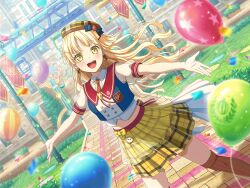 Rule 34 | 1girl, :d, bang dream!, beret, blonde hair, blush, bow, building, collared shirt, confetti, cropped shirt, dutch angle, earrings, floating hair, hair ornament, hairclip, hat, hat bow, jewelry, long hair, looking at viewer, nail polish, official art, open mouth, outdoors, outstretched arms, plaid, plaid skirt, pocket watch, puffy short sleeves, puffy sleeves, red nails, sailor collar, see-through, see-through skirt, see-through sleeves, shirt, short sleeves, skirt, smile, spread arms, thighhighs, third-party source, watch, yellow eyes