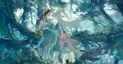 Rule 34 | 1girl, absurdres, bare legs, blue footwear, brown hair, bush, cinyras qi nian, closed eyes, deer, douluo dalu, forest, from side, full body, glint, headpat, highres, long hair, nature, ning rongrong (douluo dalu), parted lips, reflection, second-party source, sitting, tree, water