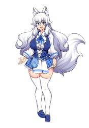 1girl :d animal_ear_fluff animal_ears blue_eyes blue_skirt breasts commentary english_commentary fang full_body hair_between_eyes highres hinghoi indie_virtual_youtuber large_breasts long_hair looking_at_viewer lumi_(merryweather) merryweather open_mouth original sidelocks simple_background skindentation skirt smile solo standing tail thighhighs thighs virtual_youtuber white_background white_hair white_thighhighs wolf_ears wolf_tail