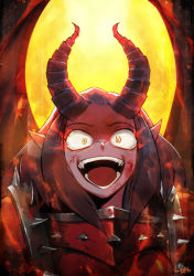Rule 34 | 1girl, blood, blood on face, crossover, demon girl, demon horns, highres, higurashi no naku koro ni, horns, laughing, lutherniel, open mouth, solo, valkia the bloody, warhammer fantasy, yandere
