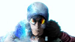 Rule 34 | 1boy, artist name, bandana, black hair, blue bandana, commentary, curly hair, english commentary, glasses, highres, ice, jayto91, kuzan (aokiji), looking at viewer, male focus, one piece, open mouth, round eyewear, short hair, signature, simple background, solo, teeth, white background