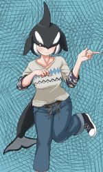 Rule 34 | 1girl, alternate costume, black hair, brown eyes, casual, cetacean tail, closed mouth, collarbone, commentary request, contemporary, dorsal fin, fins, fish tail, foot up, hair over one eye, hands up, head fins, highres, kemono friends, kyonin dofu, medium hair, multicolored hair, orca (kemono friends), pants, pointing, shoes, smile, solo, standing, standing on one leg, sweater, tail, two-tone hair, white hair