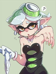Rule 34 | + +, 1girl, ?, arm up, armpits, bare shoulders, black dress, blush, bow, breasts, cleavage, detached collar, dress, earrings, eyebrows, food, food on head, gloves, green background, hair bow, hat, hua (hua113), inkling, jewelry, looking at viewer, marie (splatoon), mole, mole under eye, nail polish, nintendo, object on head, pointy ears, short hair, silver hair, simple background, solo, splatoon (series), splatoon 1, spoken question mark, strapless, sweat, sweatdrop, symbol-shaped pupils, tentacle hair, tentacles, thick eyebrows, triangle mouth, unworn gloves, white gloves, yellow eyes