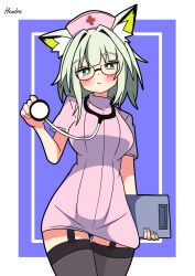 1girl absurdres alternate_costume animal_ears arknights artist_name black_outline blush border bright_pupils clipboard closed_mouth commentary cowboy_shot cross dress glasses greek_cross green_eyes green_hair hair_intakes hand_up hat hendra highres holding holding_clipboard holding_stethoscope kal&#039;tsit_(arknights) looking_at_viewer medium_hair microdress nurse nurse_cap outline outside_border pink_dress pink_hat purple_background red_cross short_sleeves signature simple_background solo standing stethoscope white_border white_pupils