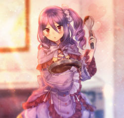 Rule 34 | 1girl, blush, dress, drifblim, frilled sleeves, frills, indoors, long hair, looking at viewer, mixing bowl, moe (hamhamham), personification, pokemon, purple dress, purple hair, red eyes, scrunchie, side ponytail, solo, standing, whisk