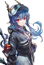 Rule 34 | 1girl, arknights, baseball cap, black jacket, blue hair, ch&#039;en (arknights), ch&#039;en the holungday (arknights), closed mouth, cowboy shot, dragon girl, dragon horns, dragon tail, eyewear on headwear, hat, highres, horns, jacket, long hair, long sleeves, looking at viewer, mido (mido chen), official alternate costume, red eyes, solo, sunglasses, tail, very long hair, white hat
