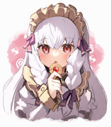 Rule 34 | 1girl, braided sidelock, cookie, dress, fire emblem, fire emblem: three houses, fire emblem heroes, food, highres, long hair, looking at viewer, lysithea von ordelia, lysithea von ordelia (tea party), maid headdress, nakabayashi zun, nintendo, official alternate costume, official alternate hairstyle, parted lips, red eyes, solo, thumbprint cookie, upper body, white background, white dress