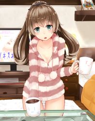 Rule 34 | 1girl, alternate costume, aqua eyes, bad id, bad pixiv id, bed, breasts, brown hair, casual, coffee, coffee mug, collarbone, cup, framed image, glass table, hair ornament, holding, holding cup, hood, hoodie, indoors, jacket, kantai collection, kumano (kancolle), long hair, looking at viewer, loungewear, mat, medium breasts, mug, narushima kanna, open mouth, panties, pantyshot, picture frame, pom pom (clothes), ponytail, solo, standing, striped clothes, striped hoodie, striped jacket, suzuya (kancolle), table, television, twitter username, underwear, white panties