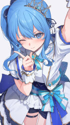 Rule 34 | 1girl, aqua bow, aqua bowtie, arm up, back bow, blue corset, blue eyes, blue hair, blue shorts, bow, bowtie, collared shirt, commentary, corset, frilled skirt, frills, from above, gold trim, hair between eyes, hair ribbon, hand up, hashtag only commentary, highres, hololive, hololive idol uniform (bright), hoshimachi suisei, jacket, knees out of frame, large bow, layered skirt, long hair, looking at viewer, official alternate costume, one eye closed, overskirt, puffy short sleeves, puffy sleeves, ribbon, shirt, short shorts, short sleeves, shorts, side ponytail, simple background, skirt, solo, standing, star (symbol), star in eye, symbol in eye, thigh strap, tiara, tilted headwear, underbust, virtual youtuber, waist bow, white background, white jacket, white shirt, white skirt, whitem (whiteemperor2020), wrist cuffs
