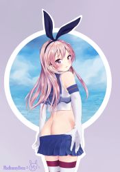 Rule 34 | 10s, 1girl, absurdres, animal ears, blonde hair, blush, brown eyes, butt crack, cloud, cloudy sky, crop top, elbow gloves, eyelashes, fake animal ears, from behind, gloves, hair between eyes, hair ornament, hairband, highres, kantai collection, long hair, looking at viewer, looking back, madbunny, microskirt, midriff, no panties, ocean, open mouth, pleated skirt, rabbit ears, school uniform, serafuku, shimakaze (kancolle), shirt, skirt, sky, sleeveless, sleeveless shirt, solo, striped clothes, striped thighhighs, thighhighs, undressing, white gloves, white shirt