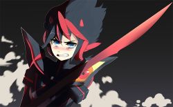 Rule 34 | 1girl, black hair, blue eyes, blush, clenched teeth, commentary, english commentary, holding, holding sword, holding weapon, kill la kill, looking at viewer, matoi ryuuko, multicolored hair, scissor blade (kill la kill), short hair, solo, streaked hair, sword, teeth, two-tone hair, weapon, yueko (jiayue wu)