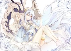Rule 34 | 1girl, anklet, atoatto, azura (fire emblem), blue hair, corrin (dragon) (fire emblem), corrin (fire emblem), dragon, fingerless gloves, fire emblem, fire emblem fates, gloves, horns, jewelry, looking at viewer, nintendo, smile, tail, veil, water, white background, yellow eyes