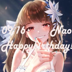 Rule 34 | 1girl, :d, absurdres, armpit crease, bare shoulders, blunt bangs, blush, brown hair, cropped, dated, dress, flower, foreshortening, grin, hair flower, hair ornament, halterneck, happy birthday, hear (kpmf4732), highres, huge filesize, idolmaster, idolmaster cinderella girls, kamiya nao, nail polish, open mouth, pointing, pointing at viewer, red eyes, sleeveless, sleeveless dress, smile, solo, straight hair, upper body
