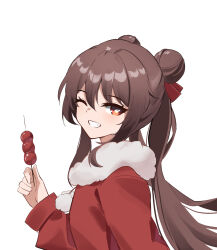 Rule 34 | 1girl, absurdres, alternate costume, alternate hairstyle, brown hair, czk, double bun, flower-shaped pupils, food, from side, fur trim, genshin impact, grin, hair bun, hair ribbon, highres, holding, holding food, hu tao (genshin impact), long hair, long sleeves, looking at viewer, looking to the side, one eye closed, red eyes, ribbon, simple background, smile, solo, symbol-shaped pupils, tanghulu, teeth, twintails, upper body, white background
