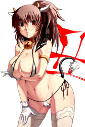 Rule 34 | 1girl, bell, bikini, breast hold, breasts, brown hair, caryo, collar, cow girl, cow tail, cowbell, gloves, horns, large breasts, neck bell, original, ponytail, red eyes, side-tie bikini bottom, solo, swimsuit, tabigarasu, tail, thighhighs, white bikini