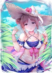 Rule 34 | 1girl, 8ka, armband, bare shoulders, bikini, bikini skirt, blue bikini, blue sky, bracelet, brown eyes, brown hair, cloud, collarbone, commentary request, day, double bun, earrings, flower, food, frilled bikini, frills, hair bun, hair ornament, hat, hat flower, hat ribbon, highres, holding, holding food, jewelry, leaf, looking at viewer, navel, o-ring, outdoors, popsicle, princess connect!, ribbon, sidelocks, sky, solo, straw hat, suzume (princess connect!), suzume (summer) (princess connect!), swimsuit, white bikini
