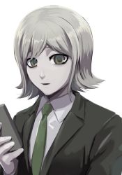 Rule 34 | 1boy, brown eyes, brown jacket, collared shirt, commentary request, danganronpa (series), danganronpa 3 (anime), formal, green eyes, green necktie, hand up, holding, jacket, long sleeves, looking at viewer, male focus, mitarai ryota, necktie, open mouth, shirt, short hair, simple background, sketti, smile, solo, upper body, white background, white shirt