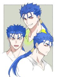Rule 34 | 1boy, alternate costume, blue hair, collage, cropped shoulders, cropped torso, cu chulainn (fate), earrings, emya, fate/grand order, fate/stay night, fate (series), jewelry, cu chulainn (fate/stay night), male focus, multiple views, muscular, pectorals, ponytail, red eyes, sketch, sweatdrop