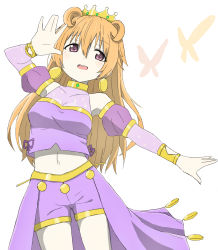Rule 34 | 1girl, artist name, artist request, bare legs, blush, bracelet, breasts, brown hair, bug, butterfly, butterfly (love live!), choker, cleavage, clothing cutout, collarbone, cropped shirt, crown, detached sleeves, double bun, dress, dress shirt, earrings, female focus, gold bracelet, hair between eyes, hair bun, hair rings, hand wave, harem outfit, highres, insect, jewelry, konoe kanata, long hair, looking at viewer, love live!, love live! nijigasaki high school idol club, love live! school idol festival, navel, parted lips, puffy short sleeves, puffy sleeves, purple eyes, purple ribbon, purple shirt, purple shorts, ribbon, shirt, short sleeves, shorts, shoulder cutout, small breasts, smile, solo, sparkle, two side up, white background, yellow bracelet, yellow choker