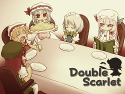 Rule 34 | 5girls, :o, apron, ascot, bat wings, blonde hair, blue hair, book, bow, braid, chair, chibi, chinese clothes, closed eyes, crescent, curry, fang, female focus, flandre scarlet, food, frying pan, hair bow, hat, hong meiling, izayoi sakuya, long hair, maid, maid apron, maid headdress, multiple girls, noya makoto, omelet, omurice, open mouth, patchouli knowledge, plate, purple eyes, purple hair, red eyes, red hair, remilia scarlet, short hair, side ponytail, silhouette, sitting, smile, spoon, table, touhou, twin braids, white hair, wings