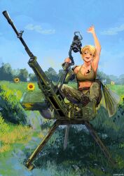 1girl abs anti-aircraft anti-aircraft_gun arm_above_head arm_tattoo arm_up armpits artist_name azov_battalion blonde_hair blood blood_on_shoes blue_sky breasts brown_eyes camouflage camouflage_pants cleavage commentary dynamic_pose english_commentary field flower grass gun heavy_machine_gun highres holding holding_weapon implied_murder jacket large_breasts machine_gun marichka midriff military military_uniform nazi open_clothes open_jacket original outdoors pants russo-ukrainian_war shaka_sign short_hair sitting sky soldier solo spinning star_(symbol) sunflower tank_top tattoo tomboy tongue tongue_out tree tryzub ukraine ukrainian_flag usergore weapon