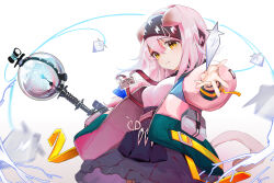 1girl absurdres animal_ears arknights black_hairband black_skirt blue_bow bow bracelet braid breasts cat_ears cat_girl cat_tail chinese_commentary closed_mouth coat commentary cowboy_shot electricity floating floating_object goldenglow_(arknights) hair_bow hairband high-waist_skirt highres holding holding_staff id_card jewelry lightning_bolt_print long_hair long_sleeves looking_at_viewer medium_breasts object_in_pocket open_clothes open_coat outstretched_arm pink_coat pink_hair pocket puffy_long_sleeves puffy_sleeves revision scissors shirt signature simple_background single_braid sionkilili skirt smile solo staff tail white_background white_shirt yellow_eyes