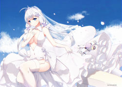 Rule 34 | 1girl, absurdres, ahoge, aircraft, airplane, artist name, azur lane, bare shoulders, blue eyes, blunt bangs, blush, breasts, bridal veil, center opening, cleavage, closed mouth, covered navel, detached collar, dress, elbow gloves, feet out of frame, flower, garter straps, gloves, hair flower, hair ornament, highres, illustrious (azur lane), illustrious (morning star of love and hope) (azur lane), kumei, large breasts, layered dress, long hair, looking at viewer, mole, mole under eye, petals, railing, sitting, skirt hold, sleeveless, sleeveless dress, smile, solo, tareme, thighhighs, tiara, veil, very long hair, wedding dress, white dress, white gloves, white hair, white thighhighs