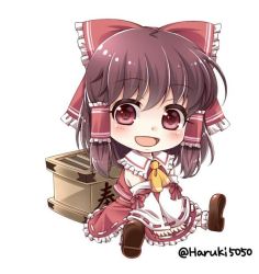 Rule 34 | 1girl, :d, artist name, ascot, bad id, bad twitter id, blush, bobby socks, bow, brown hair, chibi, detached sleeves, frilled shirt collar, frills, hair bow, hair ribbon, hair tubes, hakurei reimu, haruki (colorful macaron), large bow, loafers, looking at viewer, open mouth, red eyes, ribbon, ribbon-trimmed sleeves, ribbon trim, shoes, short hair, skirt, skirt set, smile, socks, solo, touhou, vest, aged down