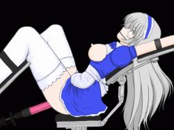 Rule 34 | 1girl, animated, animated gif, apron, bdsm, bondage, bound, breasts, breasts out, dildo, female focus, gag, gyn chair, je6t-fjt, long hair, lowres, maid, maid apron, nipples, sex machine, silver hair, solo, spread legs, thighhighs, vaginal