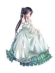 Rule 34 | 1girl, bare shoulders, black eyes, black hair, chain paradox, detached sleeves, dress, frilled dress, frills, full body, highres, jewelry, long hair, long sleeves, looking at viewer, necklace, ponytail, sakunya (tw), shiromizu hotaru, skirt hold, solo, standing, transparent background