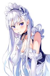 Rule 34 | 1girl, azur lane, bad id, bad pixiv id, bare shoulders, belfast (azur lane), blue eyes, blush, braid, breasts, chain, cleavage, collar, collarbone, commentary request, finger to mouth, gloves, highres, index finger raised, large breasts, long hair, looking at viewer, maid, maid headdress, nanotaro, shushing, silver hair, smile, solo