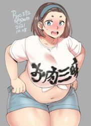 Rule 34 | 1girl, agawa ryou, artist name, blue eyes, blue hairband, blush, breasts, brown hair, clothes pull, collarbone, cowboy shot, dated, denim, denim shorts, grey background, hairband, huge breasts, looking at viewer, medium hair, navel, numbered, open mouth, original, plump, shirt, short eyebrows, short sleeves, shorts, shorts pull, simple background, skindentation, smile, solo, stomach, sweatdrop, teeth, thick thighs, thighs, tied shirt, upper teeth only, white shirt