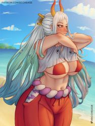 Rule 34 | bad id, bad twitter id, beach, bikini, bikini under clothes, breasts, clothes lift, cloud, cloudy sky, cowboy shot, ecchisage, gradient hair, green hair, hakama, hakama pants, highres, hip vent, horns, japanese clothes, large breasts, lips, long hair, midriff, multicolored hair, navel, ocean, one piece, orange eyes, pants, patreon username, red bikini, shirt lift, sky, swimsuit, thick thighs, thighs, twitter username, undressing, very long hair, white hair, wide hips, yamato (one piece)