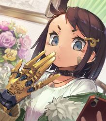 Rule 34 | 1girl, bandaid, blue eyes, brown hair, cellphone, choker, commentary, english commentary, flower, fur trim, go-malniju, hair ornament, hairclip, highres, iphone, jacket, jewelry, looking at viewer, necklace, off shoulder, original, phone, plant, potted plant, prosthesis, shirt, smartphone, solo, white shirt