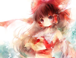 Rule 34 | 1girl, bad id, bad pixiv id, blush, bow, brown hair, detached sleeves, female focus, hair bow, hakurei reimu, large bow, midriff, navel, no nose, red eyes, shimeko, smile, solo, touhou, upper body
