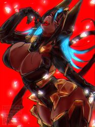 Rule 34 | arm armor, armored gloves, armored leotard, black hair, blue hair, breasts, cleavage, colored inner hair, dark-skinned female, dark skin, finger to mouth, glowing, glowing hair, goddess of victory: nikke, headgear, highres, huge breasts, indivilia (nikke), leg armor, mechanical tail, multicolored hair, red background, red eyes, tail, thick thighs, thighs, tongue, tongue out, wada chakuchiten