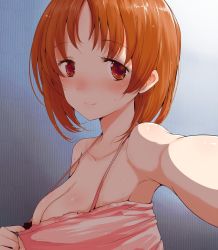 Rule 34 | 10s, 1girl, blush, breasts, brown eyes, brown hair, camisole, cleavage, commentary request, girls und panzer, han (jackpot), looking at viewer, nishizumi miho, reaching, reaching towards viewer, selfie, smile, solo, spaghetti strap, top pull, upper body