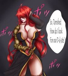 Rule 34 | 1girl, breasts, elden ring, english text, kaokacique, large breasts, malenia blade of miquella, red hair, speech bubble, thighs
