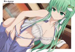 Rule 34 | 1girl, absurdres, bad id, bad twitter id, bare arms, bare shoulders, blue skirt, bow, bow panties, bra, breasts, cleavage, dutch angle, frog hair ornament, furiruno, green eyes, green hair, hair ornament, highres, indoors, kochiya sanae, large breasts, long hair, navel, panties, skirt, smile, snake hair ornament, solo, striped legwear, touhou, underwear, undressing, white bra