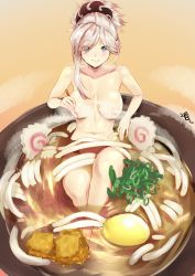 Rule 34 | 1girl, absurdres, asymmetrical hair, blinkblink art, blue eyes, blush, bowl, breasts, chopsticks, collarbone, egg yolk, eyes visible through hair, fate/grand order, fate (series), food, hair ornament, highres, in food, kamaboko, large breasts, long hair, looking at viewer, mini person, minigirl, miyamoto musashi (fate), narutomaki, navel, noodles, nude, orange background, oversized food, oversized object, pink hair, ponytail, revision, sitting, smile, swept bangs, udon