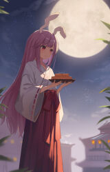 Rule 34 | 1girl, absurdres, animal ears, chinese commentary, closed mouth, commentary request, danica12y, feet out of frame, full moon, hakama, hakama skirt, highres, holding, holding tray, japanese clothes, kosode, lace-trimmed sleeves, lace trim, long hair, mid-autumn festival, miko, moon, night, night sky, purple hair, rabbit ears, red eyes, red hakama, red skirt, reisen udongein inaba, skirt, sky, smile, solo, touhou, tray, very long hair, wide sleeves