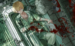 Rule 34 | 1boy, bandaged arm, bandages, bathtub, blonde hair, blood, broken glass, character request, closed mouth, collared shirt, copyright request, curtains, drain (object), drawing (object), dress shirt, faucet, from above, glass, highres, injury, leaf, male focus, mona0101, pants, partially submerged, shirt, shower head, solo, tile floor, tiles, water, white pants, white shirt, window blinds, yellow eyes