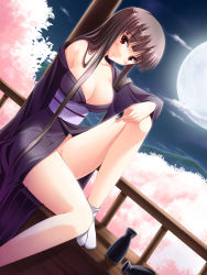 Rule 34 | 1girl, alcohol, blush, breasts, brown hair, cherry blossoms, cleavage, cloud, dutch angle, head tilt, highres, japanese clothes, kimono, large breasts, long hair, massan, moon, night, no panties, off shoulder, red eyes, sake, sitting, sky, smile, socks, solo, tokkuri, very long hair