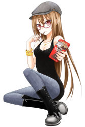 Rule 34 | 1girl, breasts, brown hair, cleavage, food, glasses, hat, highres, lindoh flores, medium breasts, nail polish, original, pocky, red-eyes macadamiachoco, red eyes, solo
