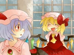 Rule 34 | 2girls, :d, ascot, bad id, bad pixiv id, blonde hair, bow, brooch, comic, female focus, flandre scarlet, hair bow, hammer (sunset beach), hat, jewelry, light purple hair, looking back, multiple girls, open mouth, red eyes, remilia scarlet, short hair, siblings, side ponytail, silent comic, sisters, smile, touhou, wings