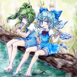 Rule 34 | 2girls, ascot, bare legs, barefoot, blue dress, blue eyes, blue hair, blush, bow, cirno, commentary request, daiyousei, dress, eating, fairy wings, food, grass, green eyes, green hair, hair bow, hair ribbon, holding, holding food, ice, ice cream, ice wings, legs, light blue hair, log, looking to the side, multiple girls, nanashii (soregasisan), neck ribbon, popsicle, puffy short sleeves, puffy sleeves, red ribbon, ribbon, saliva, short hair, short sleeves, side ponytail, sitting, sitting on log, smile, toenails, toes, tongue, tongue out, touhou, water, wings, yellow ribbon