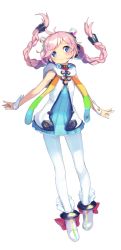 Rule 34 | 1girl, animal hood, anklet, blue eyes, blush, bow, braid, cuffs, dress, floating hair, frilled dress, frills, full body, hair ornament, hood, hoodie, jewelry, long hair, looking at viewer, multicolored eyes, official art, pantyhose, pink hair, rainbow, rana (vocaloid), scarf, shindou kamichi, simple background, smile, solo, standing, twin braids, twintails, vest, vocaloid, white background, white pantyhose, wrist cuffs