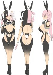 Rule 34 | 1girl, animal ears, ass, backless outfit, black hair, breasts, character sheet, clothing cutout, detached collar, garter straps, hair between eyes, highres, indie virtual youtuber, large breasts, long hair, mole, mole on breast, multicolored hair, multiple views, navel cutout, pink hair, rabbit ears, satou daiji, thighhighs, towa (towa akqj10), turnaround, very long hair, virtual youtuber