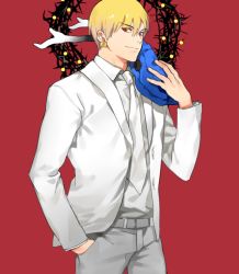 Rule 34 | 1boy, bad id, bad pixiv id, blonde hair, fate/stay night, fate (series), formal, gilgamesh (fate), lancelot (smalock), male focus, red eyes, simple background, solo, suit
